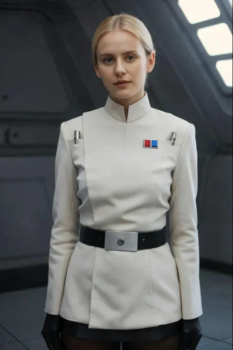 fashion photography of a cute 25 year old Czech woman wearing a revealing white imperialofficer uniform, sexy imperialofficer uniform, (underboob:1.1), nude legs, bare legs, yellow left sleeve,Communication Satellite Array, sexy pose, subsurface scatteri...