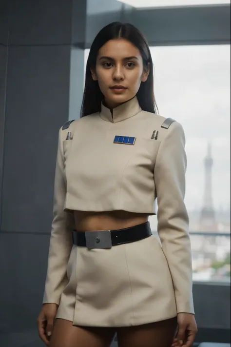 fashion photography of a cute 25 year old Colombian woman wearing a revealing white imperialofficer uniform, sexy imperialofficer uniform, (crop top:1.1, nude legs, bare legs), yellow left sleeve,Medical Center with Advanced Technology, sexy pose, subsur...