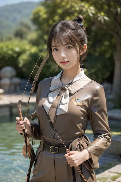 8k,A female adventurer from another world,so beautiful(Like the real thing),Adult woman in leather armor,((Woman with brown double bun hair:1.4)),blue eyes,((Woman shooting with a stone crossbow:1.5))、Brown combat trousers,Dagger on hip,Walking in mountain...