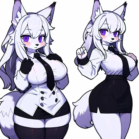 a cute furry girl with wavy white hair, a sneaky and elegant pose, huge wolf tail, fluffy wolf tail, playful pose, close, white ...