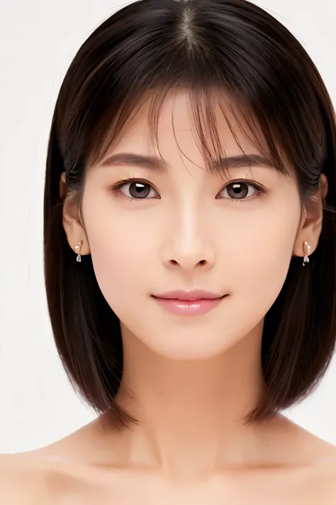 ((masterpiece, top quality, high definition)), 1 girl, (photorealistic: 1.4), solo, white background, snow-white background, mouth closed, happy smile, pretty black hair, short hair, big eyes, clear double eyelids, eyelashes, ears out, absolute area, ((fac...