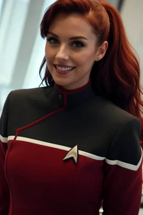 30 year old woman, red sttldunf uniform, long bright red hair, black eyeliner, smiling