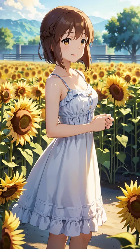 (masterpiece, best quality:1.2), 1girl,alone, solo,dress,pretty,masterspiece,Cute and beautiful girl,yukiho hagiwara,(smile:1.2),cowboy shot,avant-garde string camisole dress,braided sandals,The background is a colony of sunflowers,Sunlight sparkling,reali...