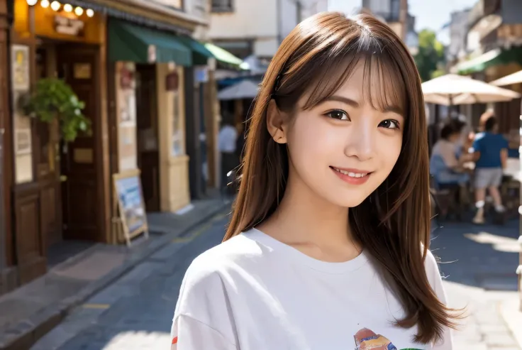 (Highest quality,masterpiece:1.3,Ultra-high resolution),(Very detailed,Caustics,8K),(Realistic:1.4,RAW shooting),26 years old,,(Im looking at the camera with a smile on my face)Brown Hair,Medium Hair、T-Shirts,Knee-length skirt,street,,Soft sunlight,Natural...