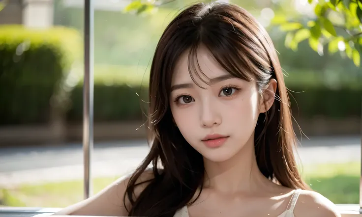 (Highest quality,masterpiece:1.3,Ultra-high resolution),(Very detailed,Caustics,8K),(Realistic:1.4,RAW shooting),22 years old,,(Im looking at the camera with a smile on my face)Brown Hair,Medium Hair、涼しげなニット、Soft sunlight,Natural light、カフェテラス、Solo Snap、Nat...