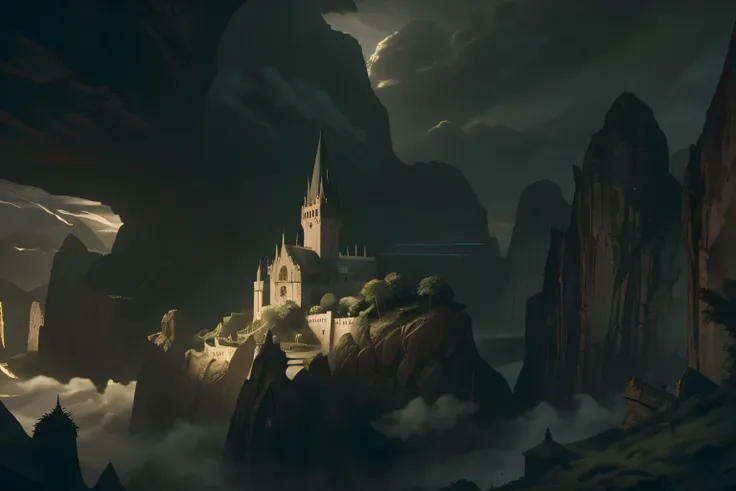 ((best quality)), ((masterpiece)), (detailed), a fantasy gothic castle in a narrow gorge surrounded by mountain, detailed castle architecture, towering spires, medieval style, lush vegetation, mysterious atmosphere, dramatic lighting, cinematic composition...