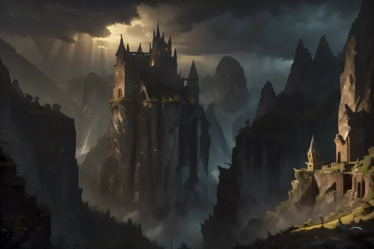 ((best quality)), ((masterpiece)), (detailed), a fantasy gothic castle in a narrow gorge surrounded by mountain, detailed castle architecture, towering spires, medieval style, lush vegetation, mysterious atmosphere, dramatic lighting, cinematic composition...