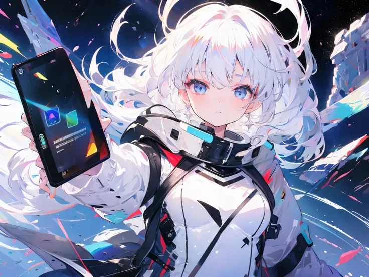 A girl,White hair, in the space, Behind a Black Hole,holds a tablet