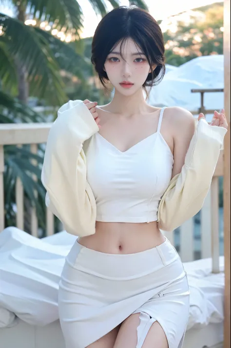 Beautiful woman with perfect figure:1.4，snow，Touching butt with both hands，snow背景，Layered Hairstyle，White skin，Prominent cleavage，Pleated Skirt，whole body，Very delicate face and skin texture，Double eyelids，Skin Whitening，Long white hair