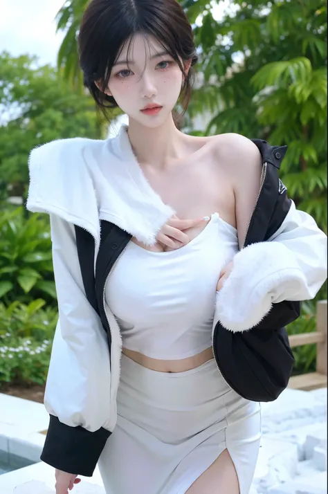 Beautiful woman with perfect figure:1.4，snow，Touching butt with both hands，snow背景，Layered Hairstyle，White skin，Prominent cleavage，Pleated Skirt，whole body，Very delicate face and skin texture，Double eyelids，Skin Whitening，Long white hair