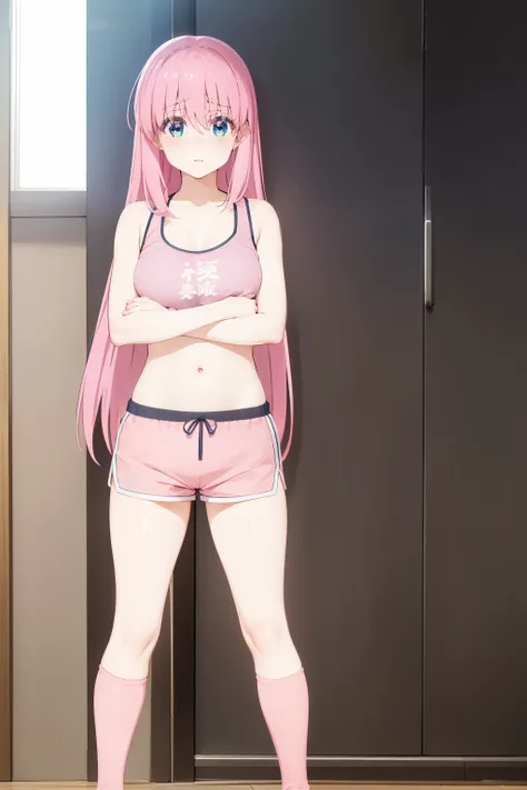 Hitori  gotou ,1girl , anime , masterpiece  , long pink color hair , blue eyes , sweat ,  sport  bra , medium  breasts ,  dolphin shorts  , long socks , shy , blush , sexy  , bodybuilding gym   . Standing . 