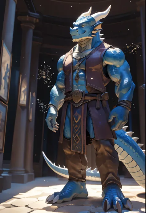 solo, archeologist, (dragon), anthro, male, ((blue body)), scales, tail, tall, muscles, handsome, clothes, outdoors, museum, standing, toe claws, epic, depth of field, perfect lighting, (light particles),(best quality),(masterpiece),(ultra detailed),sharp ...