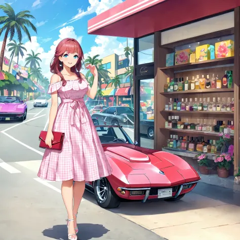 A girl is standing outside a perfume shop with a shopping bag. She is getting ready to get in the car., Pink and white C1 Corvette. She wears a pink and white plaid dress, and the background shows an urban scene from 80s California. There are palm trees an...