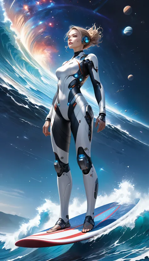 attractive cyborg, aesthetic space, standing on a surfboard, a galaxy like the ocean, surf, riding the galactic waves, no gravit...