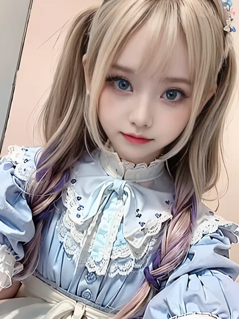 RAW Photos,(Highest quality、8k、32K、masterpiece: 1.2)、(High resolution)、(8k)、(High resolution)、young woman、Blonde、Pastel Blue Dress、Lace details、Cute expression、close of face、close、Pastel blue background、Polaroid style photos、Purple handwritten letters and ...