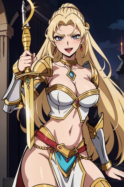 jewelry,midriff,gem,earrings,necklace,
blonde hair,Black_eyes,Very_long_hair,
blush, lipstick, long hair, crazy eyes ,Hot girl, baddie, staring, glaring, bad attitude, mean girl, crazy, smoking, sensual, attractive, holding a sword, sword, masterpiece, bes...