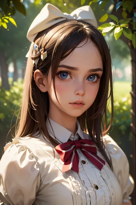 1girl, masterpiece, best quality, 8k, detailed skin texture, detailed cloth texture, beautiful detailed face, intricate details, ultra detailed, Alice in Wonderland, (a bow on her head:1.1), upper body