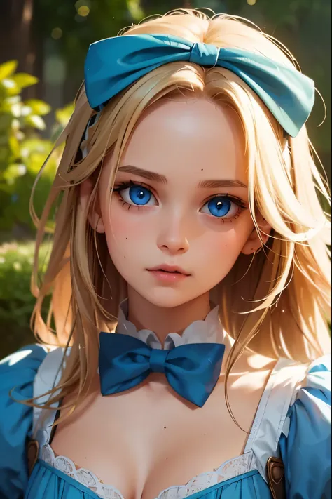 1girl, masterpiece, best quality, 8k, detailed skin texture, detailed cloth texture, beautiful detailed face, intricate details, ultra detailed, Alice in Wonderland, (a bow on her head:1.1), upper body, blonde hair, blue eyes