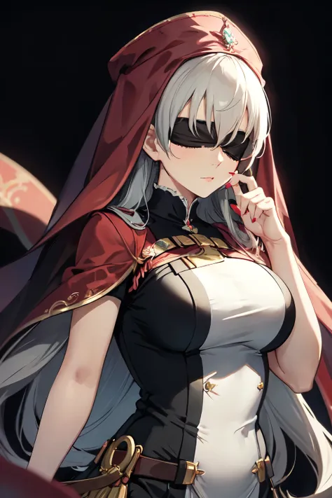 An elegant chubby woman, wearing a red veil covering her eyes, places her fingers on her lips, symbolizing silence. Her nails were long and painted bright red. The background is solid black