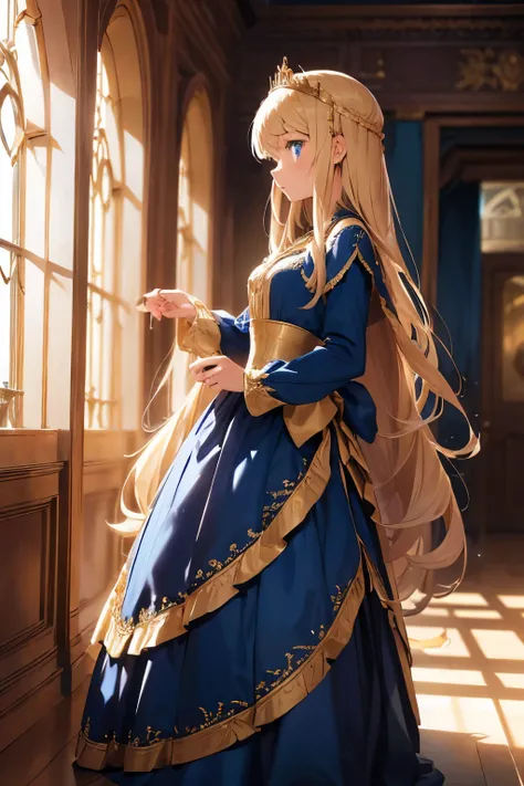 (HD, High Definition, 4k)(full body) (detailed eyes)(is in profile) A young 15 year old princess in a medieval fantasy world, with long golden curls that cascade over her shoulders and bright blue eyes that reflect the light. Wear an elegant royal blue sil...