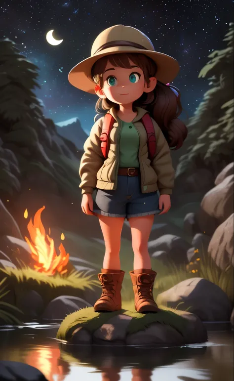 Masterpiece, Best quality, Ultra-detailed, illustration, 1girll, Solo, Outdoors, camping, Night, Mountains, Nature, stars, Moon, bonfires, tenten, double-ponytail, Green eyes, cheerful big breasts, cheerfulness, Backpack, sleeping bag, Camping stove, Water...