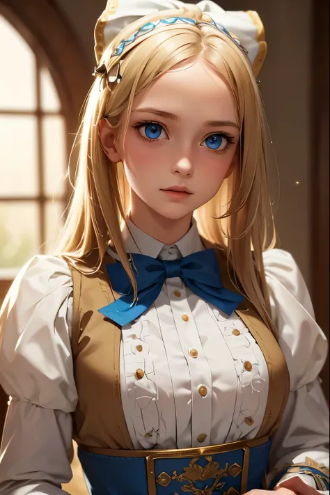 1girl, masterpiece, best quality, 8k, detailed skin texture, detailed cloth texture, beautiful detailed face, intricate details, ultra detailed, Alice in Wonderland, (a bow on her head:1.1), upper body, blonde hair, blue eyes