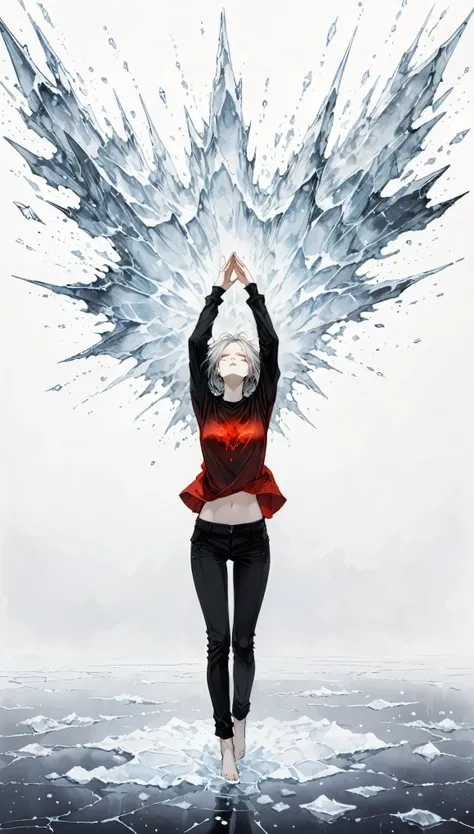 {in style of Santiago Caruso:1.1}
1girl,white_background,red and black radiation gradient long sleeve t-shirt,,whole body,ice surface,arms open,hands in sleeves,black trousers,small chest