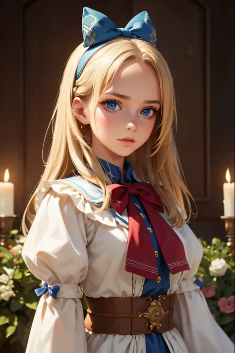 1girl, masterpiece, best quality, 8k, detailed skin texture, detailed cloth texture, beautiful detailed face, intricate details, ultra detailed, Alice in Wonderland, (a bow on her head:1.1), upper body, blonde hair, blue eyes, full body