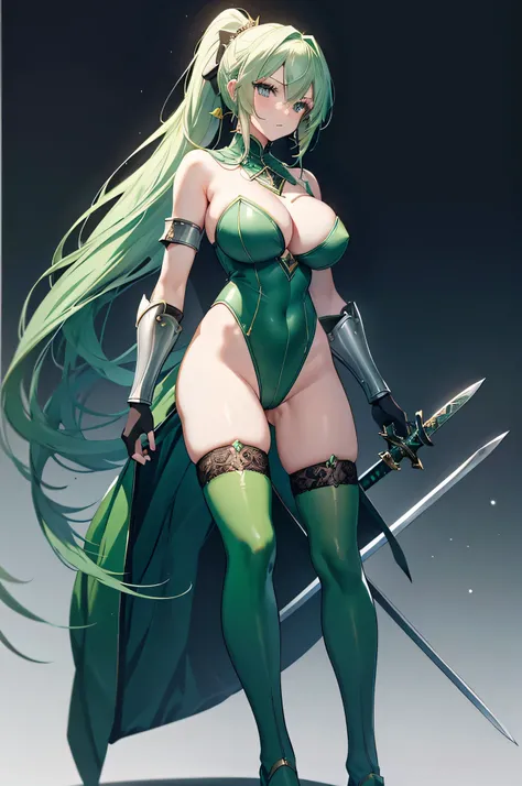 4K,High resolution,One Woman,Green Hair,Long Ponytail,Blue Eyes,Big Breasts,knight,White high leg leotard armor,Full Armor,Green gloves,Green shoes,Black fishnet stockings,Jewelry decoration,Long sword,Medieval town