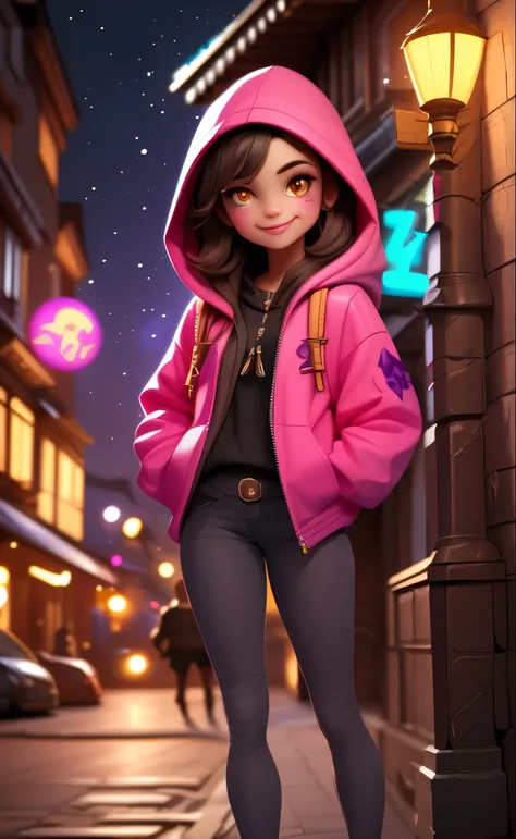 detailed background, masterpiece, best quality, smile, ornament, hood, portrait, neon pink, graffiti, dark, night, bright eyes, purple light