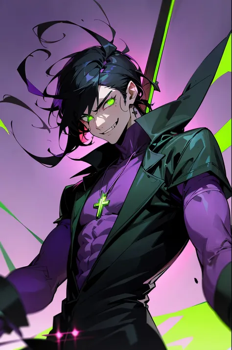 A guy with black hair and glowing green eyes wearing an evil smile, he is smiling like the devil while holding his cross necklace in front of him against a purple background. The art is in an anime style with a cyberpunk and dark fantasy aesthetic.
