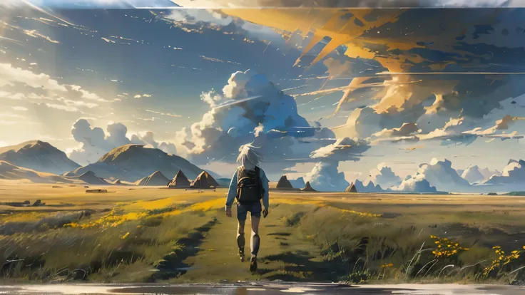 Vast Sky, Beautiful skyline, Vast grassland, Very tense and dramatic photo, Moving visual effects, The North Star Hanging High, Colorful natural light. Long sleeve tops, Denim shorts, Girl carrying a backpack. There is a big ship not far away..White Hair,P...