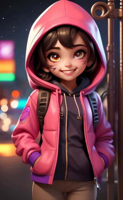 detailed background, masterpiece, best quality, smile, ornament, hood, portrait, neon pink, graffiti, dark, night, bright eyes, purple light