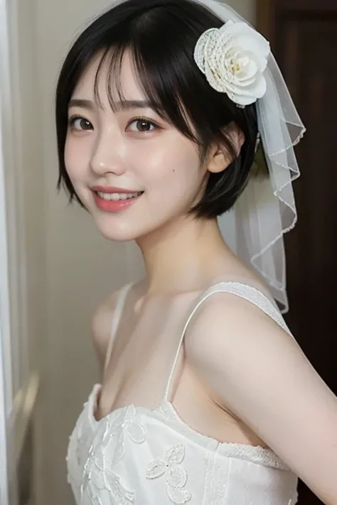 (wedding short hair:1.2), (white wedding dress, intricate dress, ball gown, bridal veil, bride, curtains, depth of field, dress, flower, hair flower, hair ornament, see-through, white flower, white rose:1.1), (face full of joy:1.3), one girl, 14 years old,...