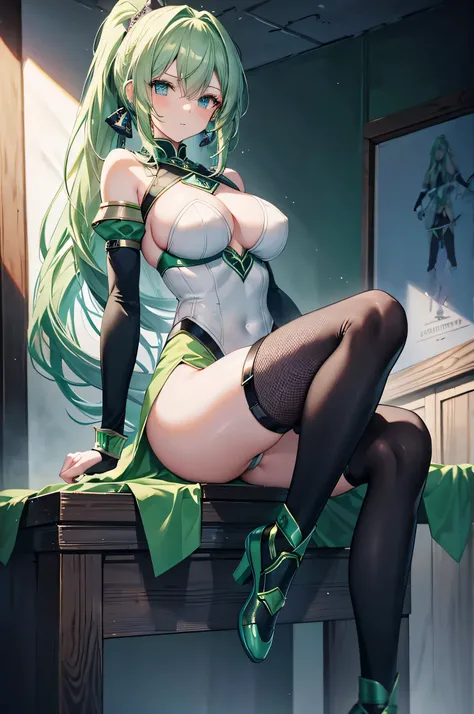 4K,High resolution,One Woman,Green Hair,Long Ponytail,Blue Eyes,Big Breasts,knight,White high leg leotard armor,Full Armor,Green gloves,Green shoes,Black fishnet stockings,Jewelry decoration,Long sword,Medieval town