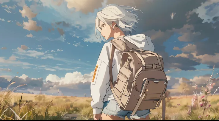 Vast Sky, A beautiful skyline in light pink, Vast grassland, Very tense and dramatic photo, Moving visual effects, The North Star Hanging High, Colorful natural light. Long sleeve tops, Denim shorts, Girl carrying a backpack.White Hair