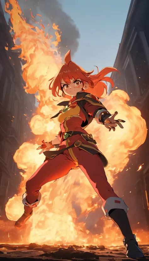 cinematic scene, hero view, lina inverse action pose, fire erupting on background, detailed background, masterpiece, best qualit...