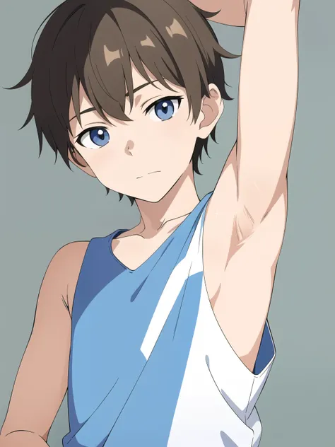 Highres, Masterpiece, Best quality at best,Best Quality,hight quality, hight detailed, Anime style, age 12, 1boy, Boy, Shota, Solo person, young boy, upper body, slim body, Sleeveless shirt, bare shoulder, grey background, (Showing armpit:1.3), Give me a p...