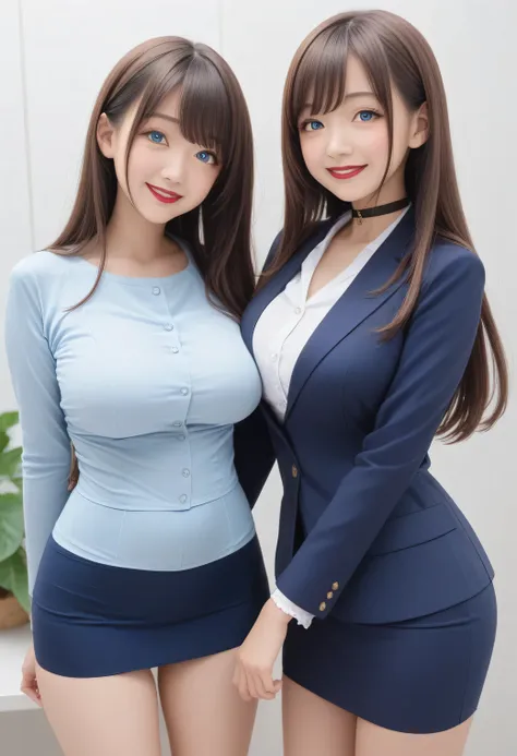 score_8, score_9, highest quality, masterpiece, long hair, brown hair, sexy, girl, sisters, ((light blue tight shirt、navy blue b...