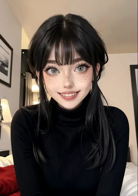 1girl, egirlmakeup, black turtleneck, bangs, freckles, sitting on bed, looking at viewer, grin
