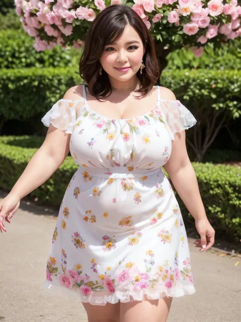 A beautiful and hot almost chubby mature woman.who is wearing a patterned short dress and is and standing in the park. A smiling face、sexy woman、A radiant smile、adorable、race、Frills、Colorful design、Full-length mirror、An inviting gaze、Gorgeous long and beau...