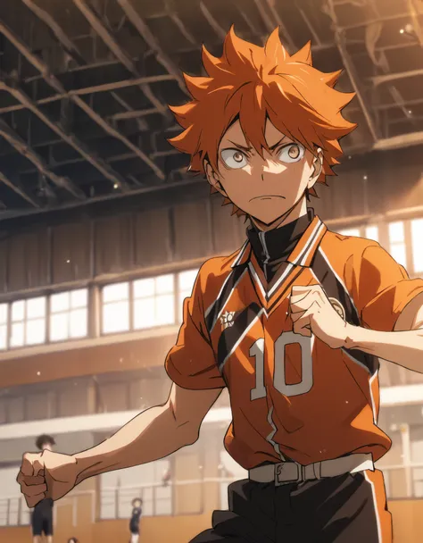 1boy, shoyo hinata, orange hair, short hair, uniform number 10, jumps high, gymnasium, bright, serious face, angle from the side