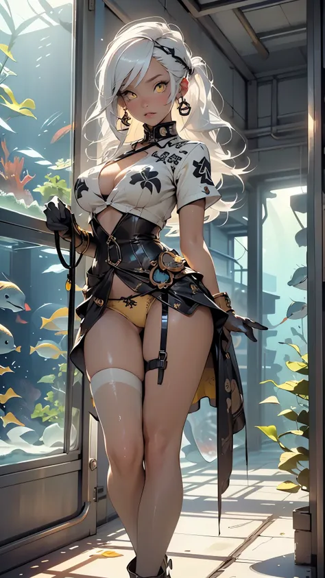 girl steampunk,(((1girl))),((girl with extremely cute and beautiful white hair)),dark skin,very dark skin,dark_skin,

(large breasts:1.4),saggy breasts,(((white hair:1.35,straight hair,long hair:1.4,colored inner hair,ear breathing))),(((light_yellow_eyes:...