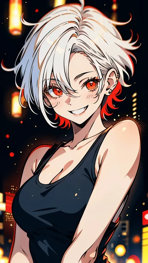 best quality, realistic:1.37, ultra-detailed, an anime girl in the summer, white hair, short hair, tomboy hair, red eyes, detailed eyes, beautiful, smile, laugh, bright smile, charming, black tank top, large breasts