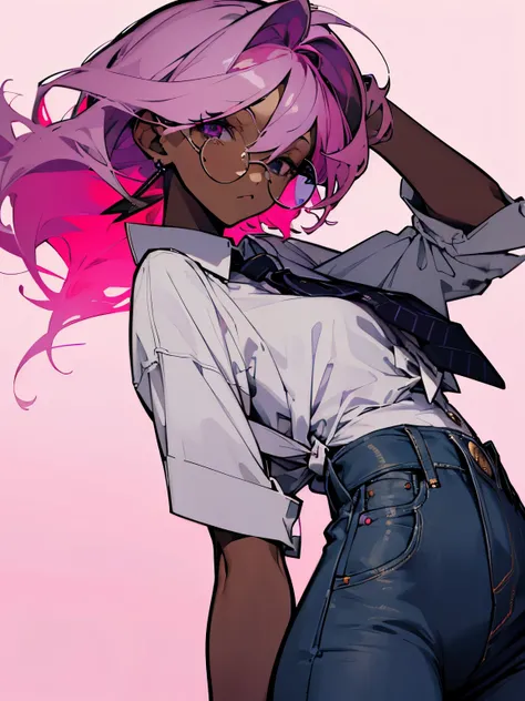 masterpiece, 1 female, Adult, ((Woman with dark skin, Hair above one eye)), Gray Hair, Pink Hair, Colorful Hair, tied up hair, Short, unkempt hair, Purple eyes, (Glasses), (White shirt, jeans), tie, (Underbust), Earrings,