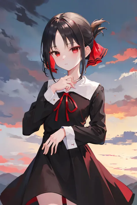 masterpiece, Highest quality, High resolution, Akaguya, short hair, Folded ponytail, Hair Ribbon, Parted bangs, Neck ribbon, Red ribbon, Black Dress, Black Shirt, Long sleeve, black sleeves, Are standing, Cowboy Shot, Outdoor, View your viewers,