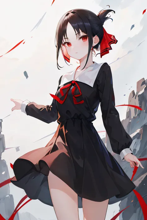 masterpiece, Highest quality, High resolution, Akaguya, short hair, Folded ponytail, Hair Ribbon, Parted bangs, Neck ribbon, Red ribbon, Black Dress, Black Shirt, Long sleeve, black sleeves, Are standing, Cowboy Shot, Outdoor, View your viewers,From below