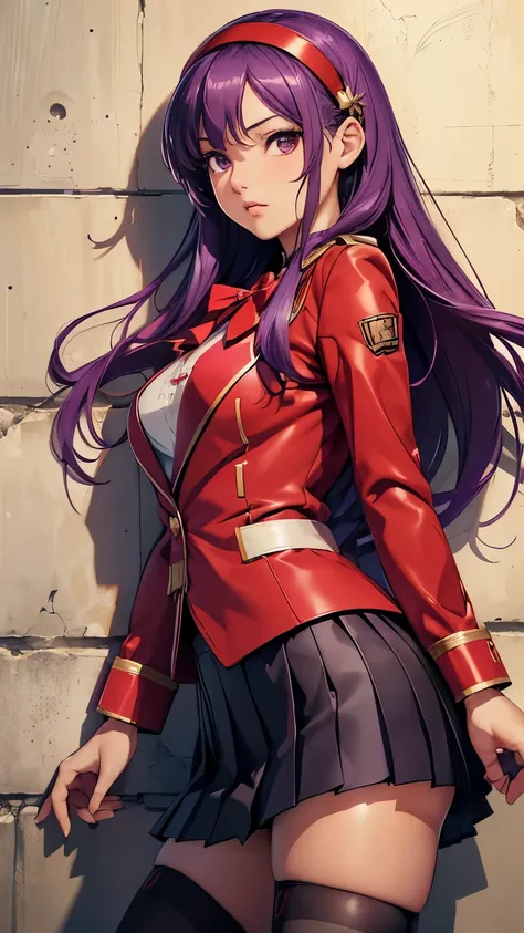 athena asamiya，((beautiful purple long hair，red headband))，(8k，realistic，raw photos，highest quality:1.75)，beautiful face，realist...