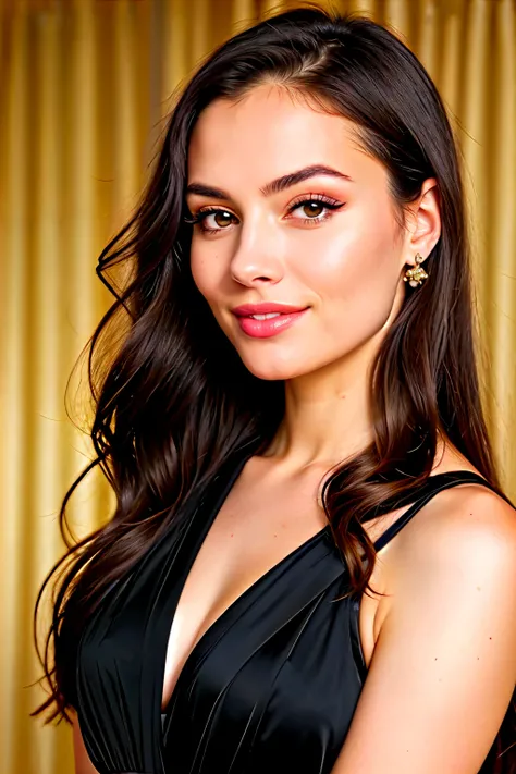 high resolution realistic photo frontal portrait of a Lydia that a stunning woman with a radiant oval face, mesmerizing honey-brown eyes, and long, flowing black hair. Her elegant style, confident demeanor, and captivating smile make her a standout. With a...