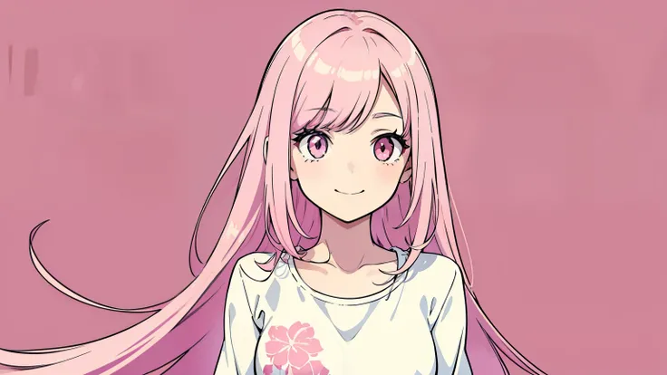 masterpiece, beautiful detailed, one cute girl, the girl wearing (casual and cute clothes), pink Eyes, pink hair, long hair, layered hair, smile, medium breasts, summer theme, (((bold outline))), limited palette, Colorless solid background